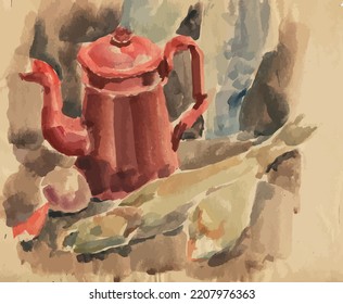 Watercolor vector drawing of still life with red kettle and fish