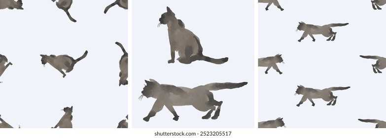 Desenhos de vetor aquarela de silhuetas gato siamês doméstico, desenhado à mão padrões sem emenda, papel de parede, papel, têxtil, fundos