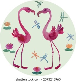 Watercolor vector drawings of two cartoon pink flamingos, flying dragonflies and water lilies