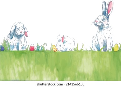 Watercolor Vector - Easter Bunnies with Eggs 