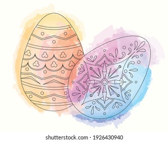 Watercolor vector Easter eggs with patterns. Black linart. Yellow, orange, pink and blue paint.