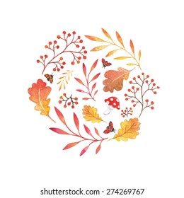 Watercolor Vector Elements Of Nature, Red Autumn Forest