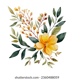 Watercolor vector fall bouquet isolated on white background. Autumn banner with sunflower, leaves and branches.