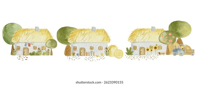 Vector de acuarela Composiciones de granja – Escena rústica del campo. Perfecto para la invitación, cartel y decoración de la pared. 