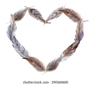 Watercolor vector feather heart isolated