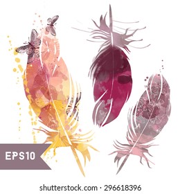 watercolor vector feather set
