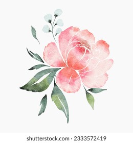 Watercolor vector figures on a white background. White card with peonies background. Retro futuristic aesthetics of the 2000s.