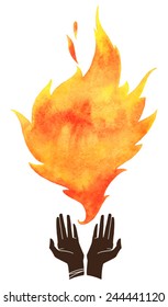 Watercolor vector fire with cupped hands silhouette. Tongues of flame with space for text. Hand drawn burning fire silhouette. Design element.