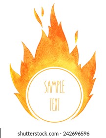 Watercolor vector fire frame. Tongues of flame with space for text. Hand drawn burning bonfire silhouette with sparks.