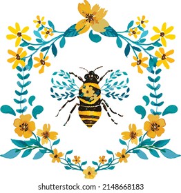Watercolor Vector Of A Floral Bee - Hexagon Beehive Floral Cell - Yellow And Teal Light Blue Flowers And Leaves
