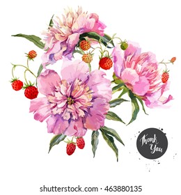 watercolor vector floral botanical card , flower pink peony and strawberries,