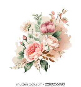 Watercolor Vector floral bouquet design garden pink peach lavender creamy powder pale Rose wax flowers. Wedding vector invite card Watercolor designer element set