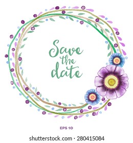Watercolor vector floral frame. Flowers, leafs, design elements.