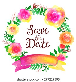 Watercolor vector floral frame with text. Hand painted element, art illustration.