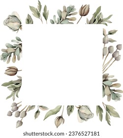 Watercolor vector Floral rose frame, botanical hand drawn, isolated on white background.