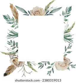 Watercolor vector Floral rose frame in square shape, botanical hand drawn, isolated on white background. Template space for text, message, for greeting cards, invitation, wedding card, save the date, 