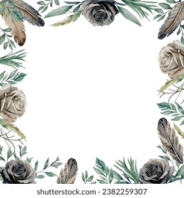 Watercolor vector Floral rose frame in square shape, botanical hand drawn, isolated on white background. Template space for text, message, for greeting cards, invitation, wedding card, save the date, 