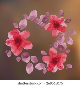 Watercolor Vector Flower. Beautiful card with a watercolor floral wreath. Beautiful greeting card. Floral pattern with watercolor flowers on the blurred background. 