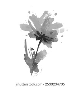 Watercolor vector flower hand drawn black and white ink brush texture isolated on white background. Grunge dry brushstroke drawing. Floral wrapping paper, textile vector fill. Unique print. Eps 10. 