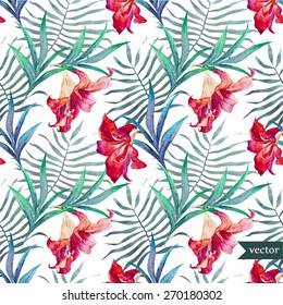 watercolor, vector, flower, lily, botany, pattern, palm leaves
