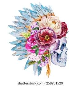 Watercolor, Vector, Flowers, Skull, Peony, Boho,