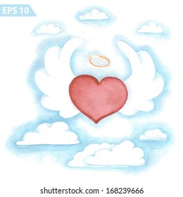 Watercolor vector flying heart with wings in the seventh heaven