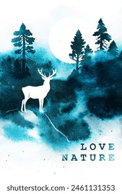 Watercolor vector foggy coniferous forest in blue and black colors. Love nature concept. Silhouette of firs, mountains, deer, moon, text. Illustration with splashes for print, banner, card