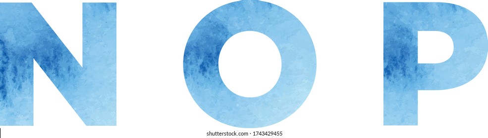 Watercolor vector font, light blue, uppercase, sans serif N O P