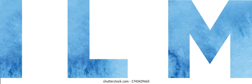 Watercolor vector font, light blue, uppercase, sans serif L M N