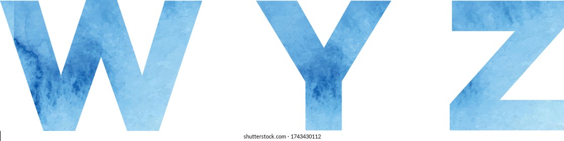 Watercolor vector font, light blue, uppercase, sans serif W Y Z