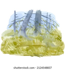 Watercolor vector of forest background, , silhouette of trees, bushes