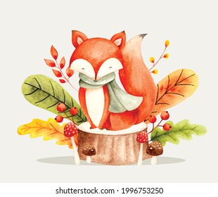 Watercolor vector fox sitting on the food with autumn floral