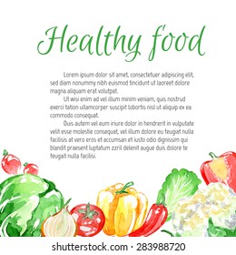Watercolor vector frame. Background with vegetables. Radish, cabbage, cauliflower, tomato, onion, pepper. Isolated elements for easy use.