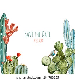 watercolor vector frame cactus with flowers, isolated object