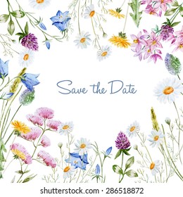 watercolor vector frame with delicate wildflowers, invitation card