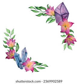 Watercolor vector frame with flowers and gemstones
