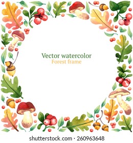 Watercolor vector frame with leaves, acorns, berries and mushrooms