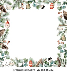 Watercolor vector frame in square shape with spruce, fir, cedar branches, eucalyptus, pine cones, winter berries, christmas toys. Hand drawn.Template space for text, message, sign for greeting cards.