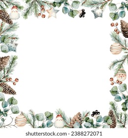 Watercolor vector frame in square shape with spruce, fir, cedar branches, eucalyptus, pine cones, winter berries, christmas toys. Hand drawn.Template space for text, message, sign for greeting cards.