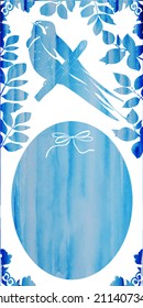 watercolor vector frame for text with birds and leaves in blue