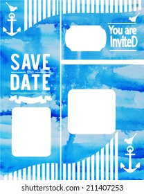 watercolor vector frame for text with blue bird in a maritime theme