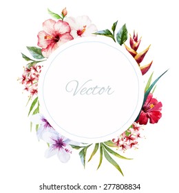 Watercolor Vector Frame With Tropical Leaves And Flowers  