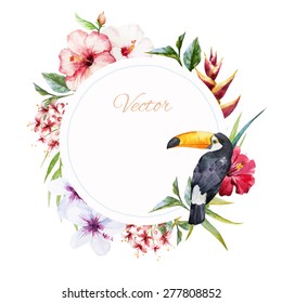 watercolor vector frame with tropical leaves, flowers and toucan