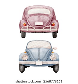 Watercolor Vector with Front and Back Cars Vintage style on White Background design