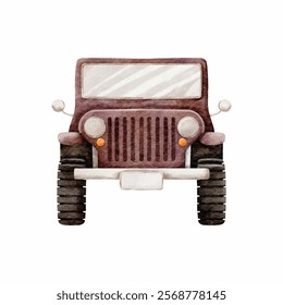 Watercolor Vector with Front side Jeep Car Brown Color Vintage style on White Background design