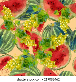 Watercolor vector fruits seamless pattern of watermelon and grape