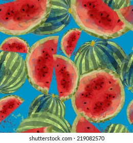 Watercolor vector fruits seamless pattern of watermelon