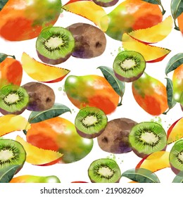 Watercolor vector fruits seamless pattern of kiwi and mango