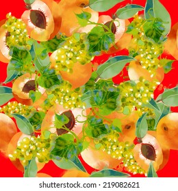 Watercolor vector fruits seamless pattern of apricot and grapes
