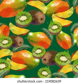 Watercolor vector fruits seamless pattern of mango and kiwi